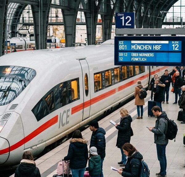 ICE am Bahnsteig eines deutschen Bahnhofs, Reisende mit Gepäck vor der Anzeigetafel