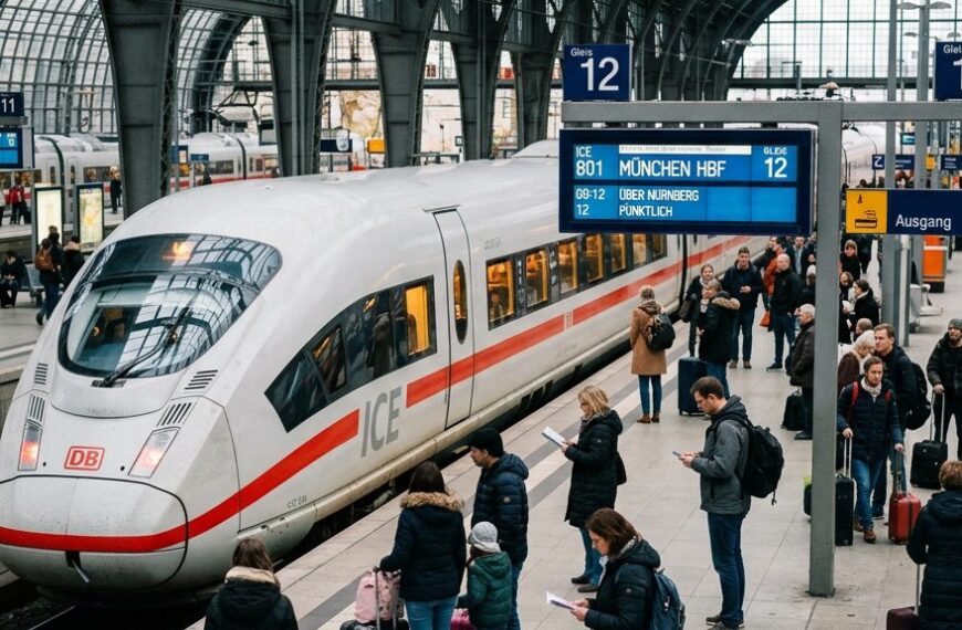 ICE am Bahnsteig eines deutschen Bahnhofs, Reisende mit Gepäck vor der Anzeigetafel
