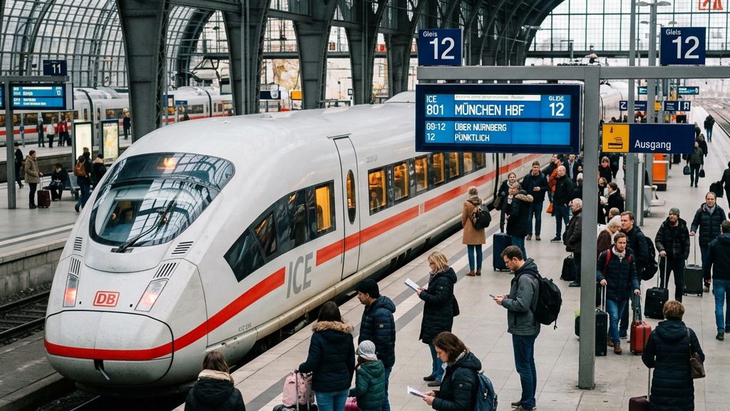 ICE am Bahnsteig eines deutschen Bahnhofs, Reisende mit Gepäck vor der Anzeigetafel
