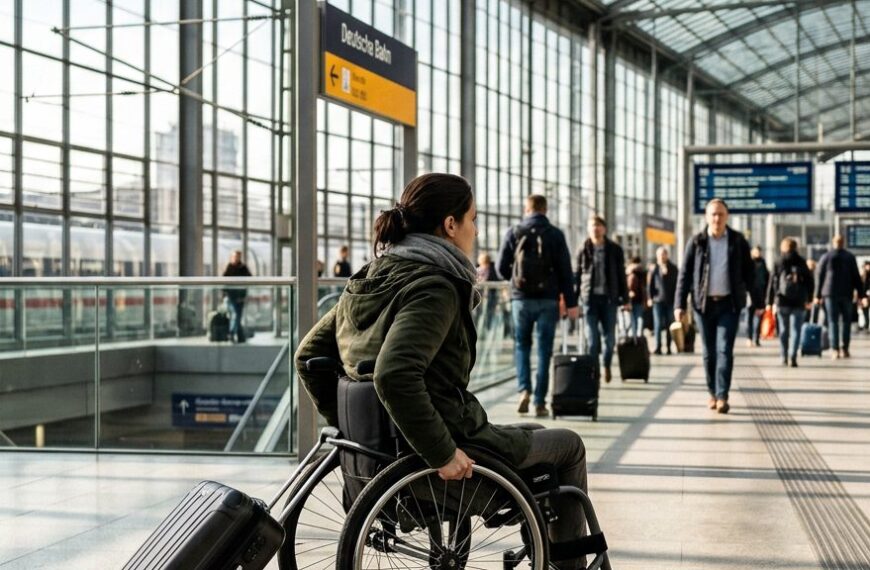 Mensch im Rollstuhl mit Koffer in einem hellen Bahnhof – barrierefreies Reisen in Deutschland