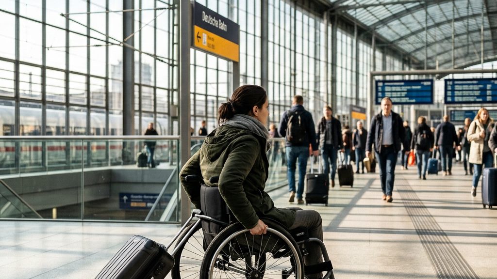 Mensch im Rollstuhl mit Koffer in einem hellen Bahnhof – barrierefreies Reisen in Deutschland