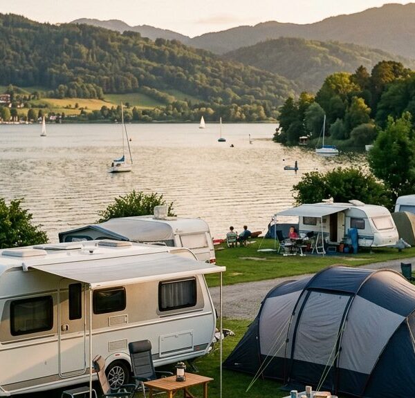 Wohnwagen und Zelt auf einem Campingplatz an einem See in Deutschland bei Abendlicht