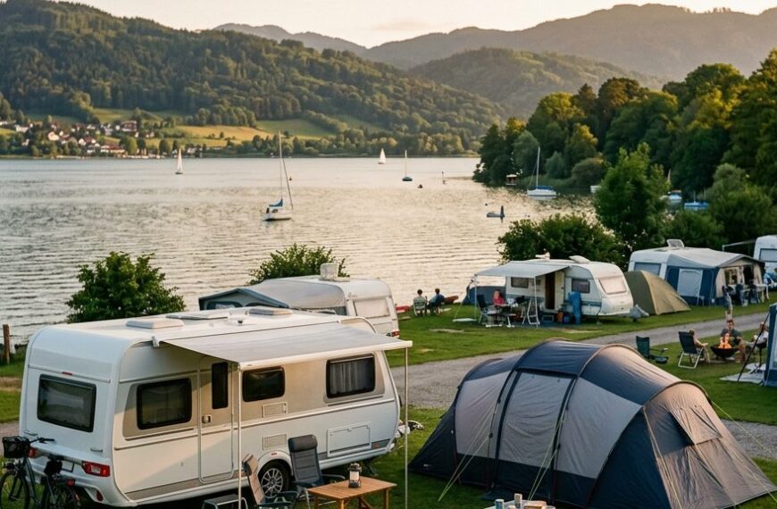 Wohnwagen und Zelt auf einem Campingplatz an einem See in Deutschland bei Abendlicht