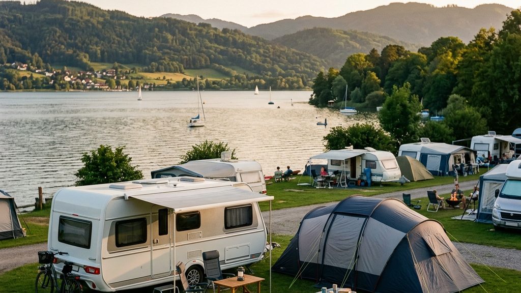 Wohnwagen und Zelt auf einem Campingplatz an einem See in Deutschland bei Abendlicht