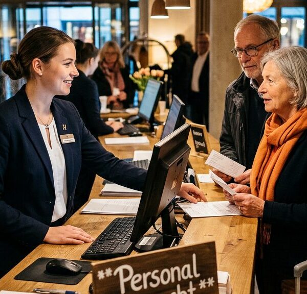 Rezeption eines deutschen Hotels: Mitarbeiterin berät Gäste am Empfang, daneben ein Schild „Personal gesucht"