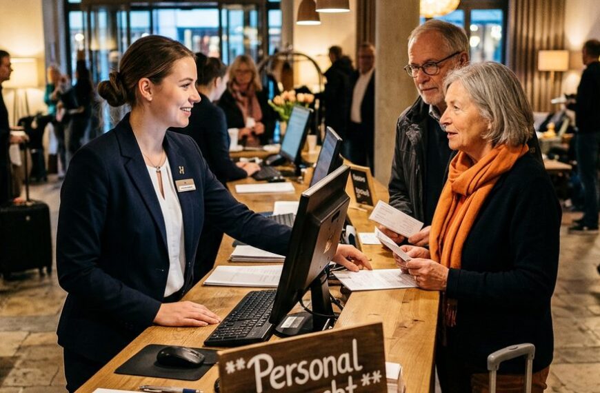 Rezeption eines deutschen Hotels: Mitarbeiterin berät Gäste am Empfang, daneben ein Schild „Personal gesucht"