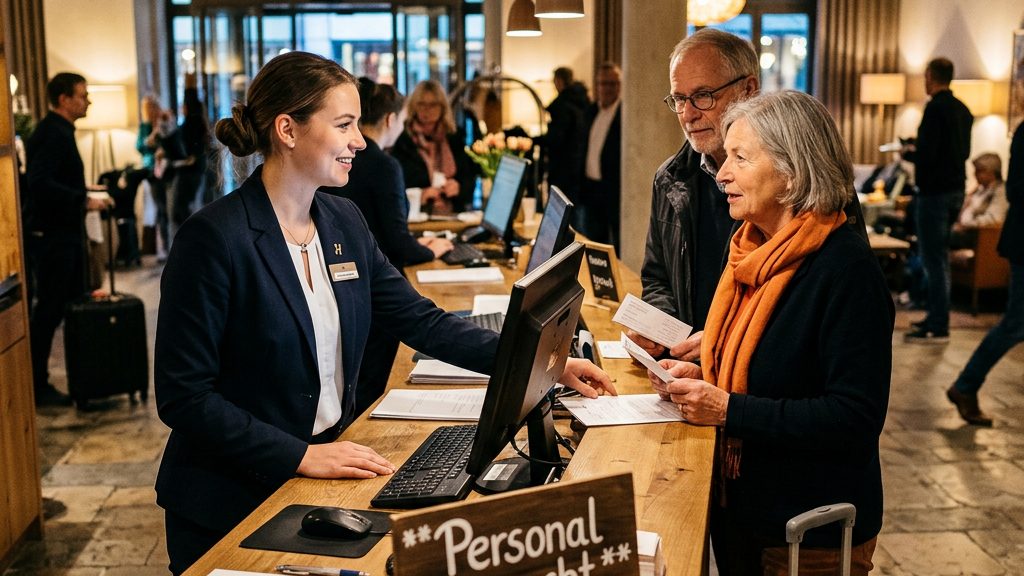 Rezeption eines deutschen Hotels: Mitarbeiterin berät Gäste am Empfang, daneben ein Schild „Personal gesucht"