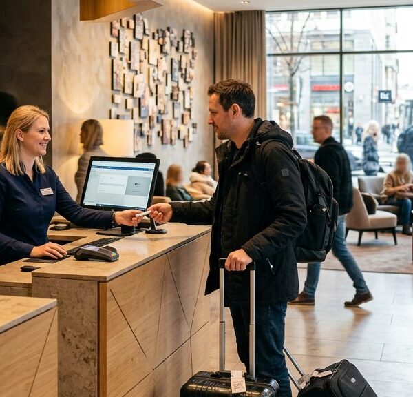 Rezeption eines deutschen Hotels: Ein Gast mit Koffer checkt an der Rezeption ein — Beherbergungsbetriebe in Deutschland verzeichneten 2025 einen neuen Übernachtungsrekord.