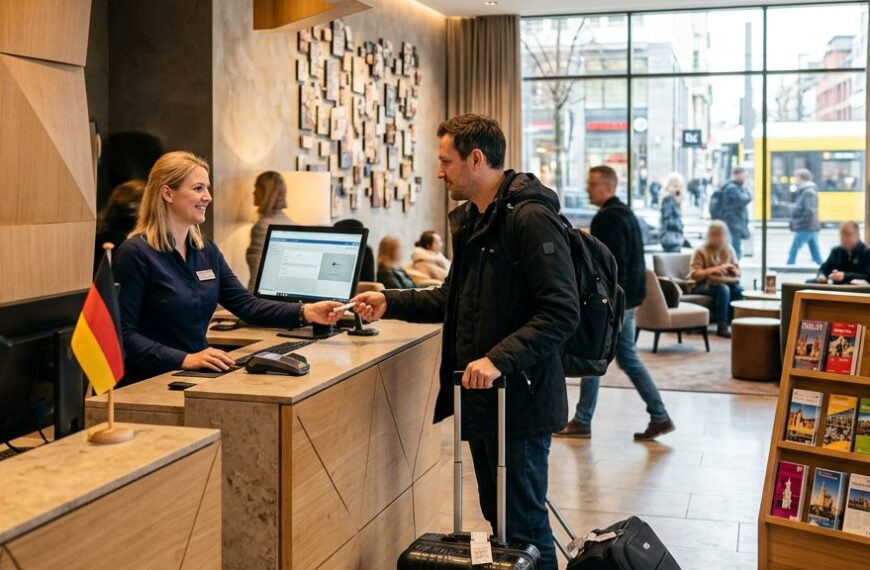 Rezeption eines deutschen Hotels: Ein Gast mit Koffer checkt an der Rezeption ein — Beherbergungsbetriebe in Deutschland verzeichneten 2025 einen neuen Übernachtungsrekord.