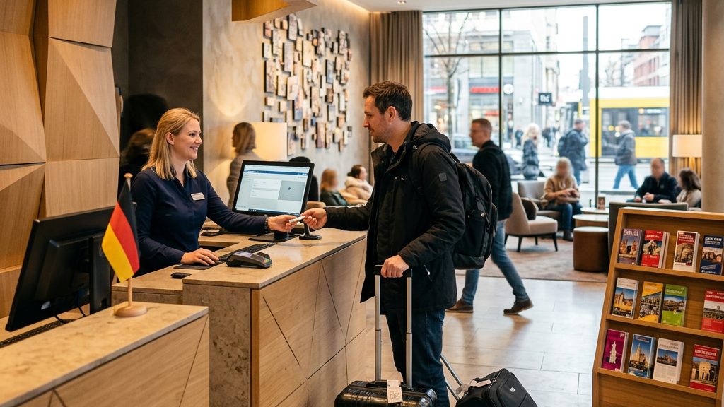 Rezeption eines deutschen Hotels: Ein Gast mit Koffer checkt an der Rezeption ein — Beherbergungsbetriebe in Deutschland verzeichneten 2025 einen neuen Übernachtungsrekord.