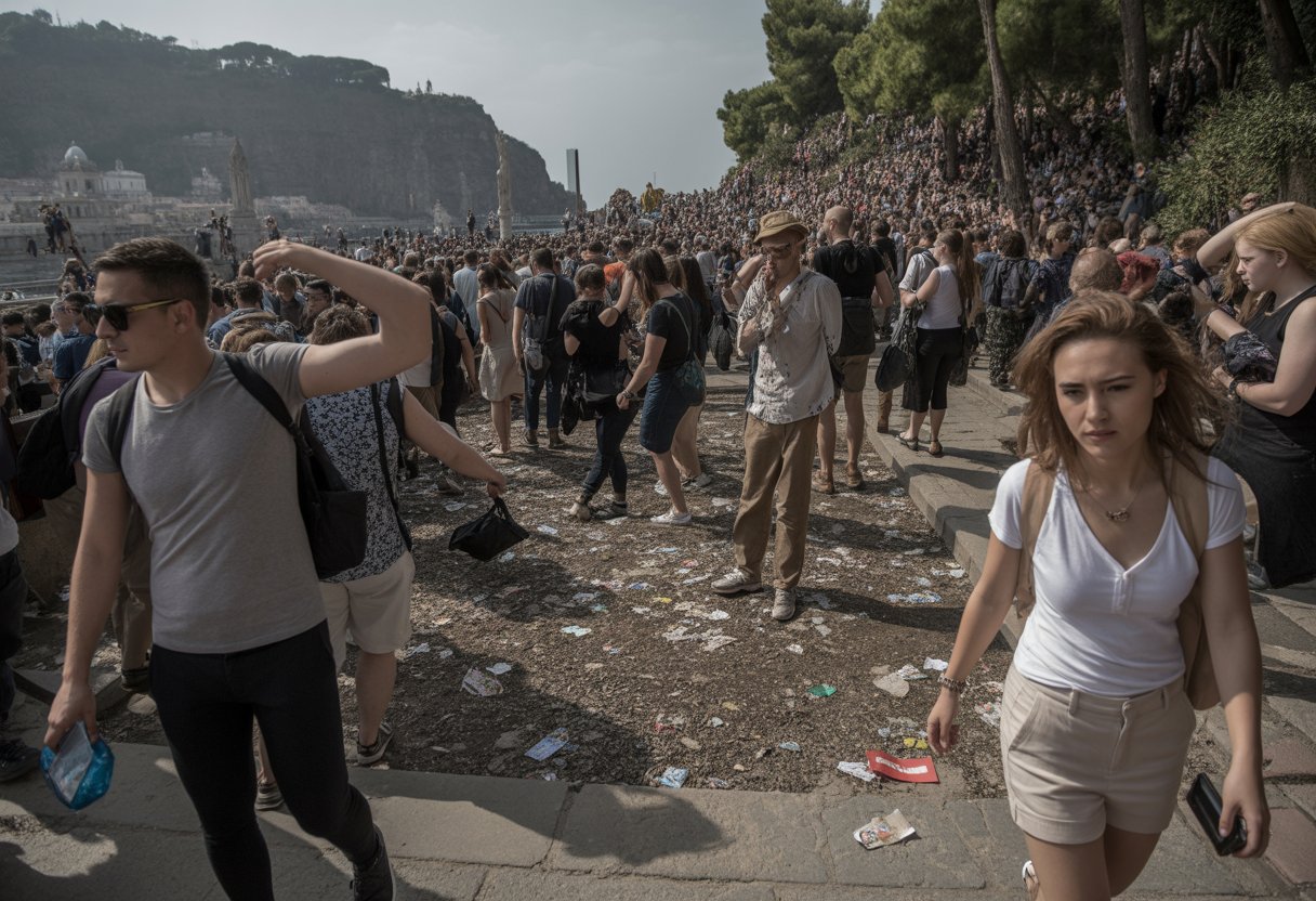 Überfüllter touristischer Ort mit vielen Menschen, beschädigter Natur und Müll auf dem Boden.