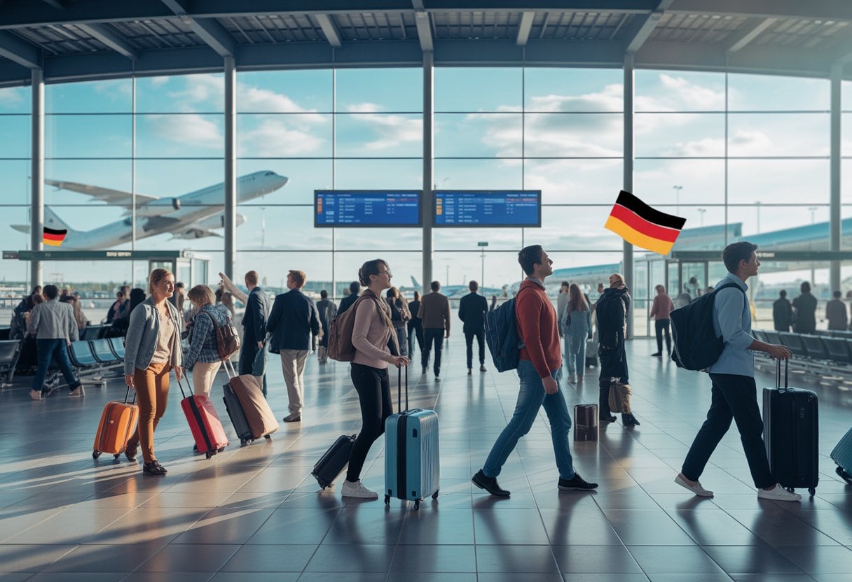 Menschen an einem belebten Flughafen in Deutschland mit Koffern und Flugzeugen im Hintergrund.