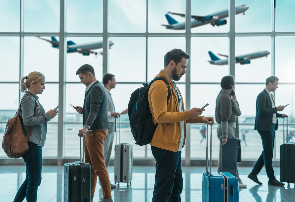 Reisende Menschen unterschiedlichen Alters und Herkunft in einem modernen Flughafen mit Gepäck und Blick auf startende Flugzeuge.