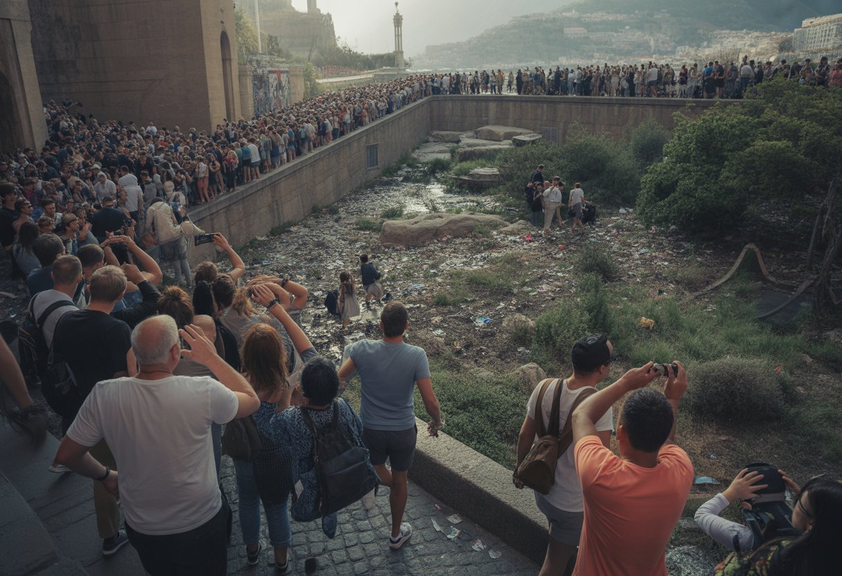 Überfüllter touristischer Ort mit vielen Menschen und sichtbaren Umweltschäden.