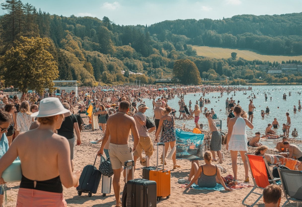 Viele Menschen an einem überfüllten deutschen Strand oder See im Sommer, die Urlaub machen und sich entspannen.