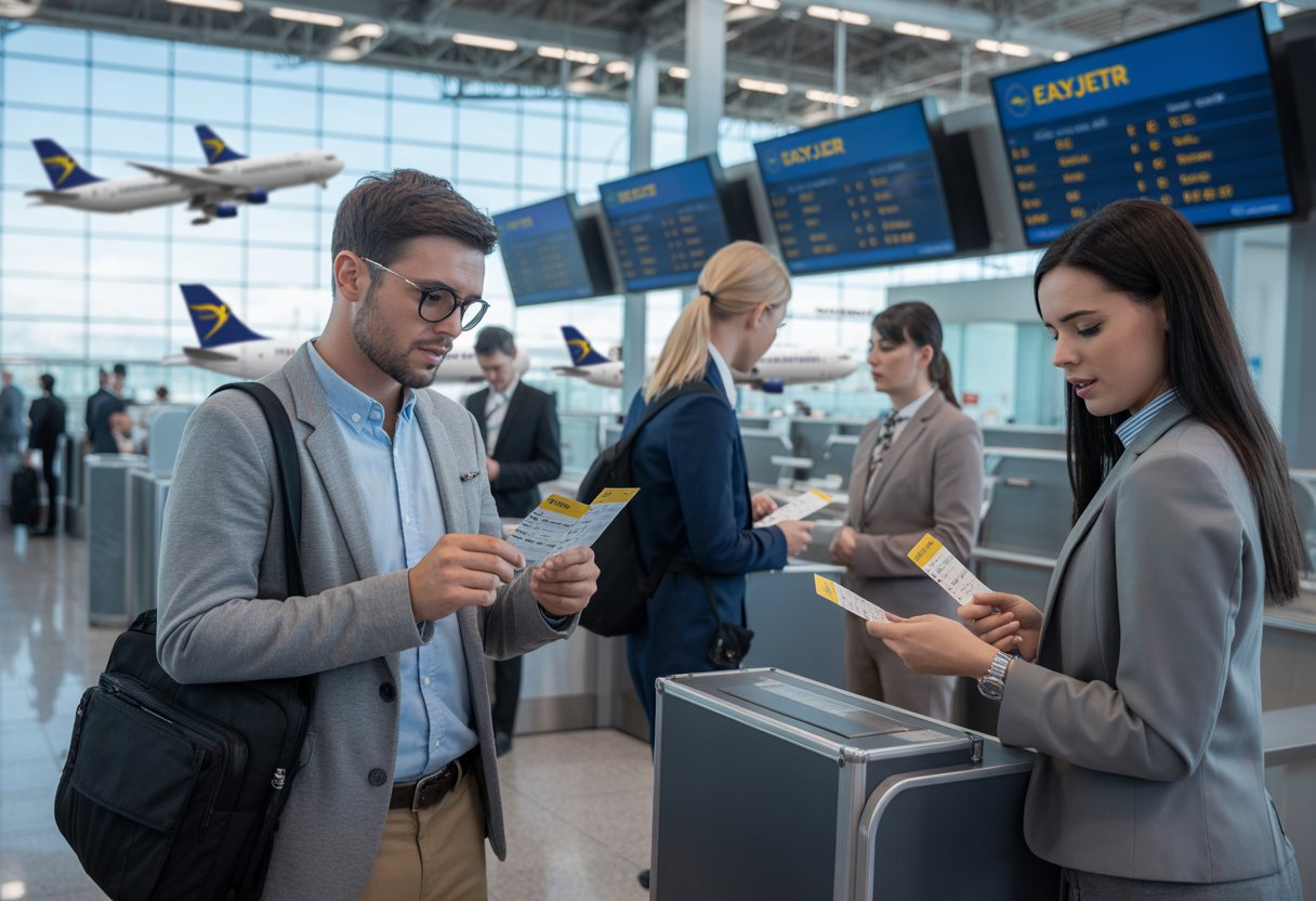 Menschen an einem Flughafenschalter prüfen Flugtickets, im Hintergrund sind Flugzeuge und digitale Anzeigetafeln zu sehen.