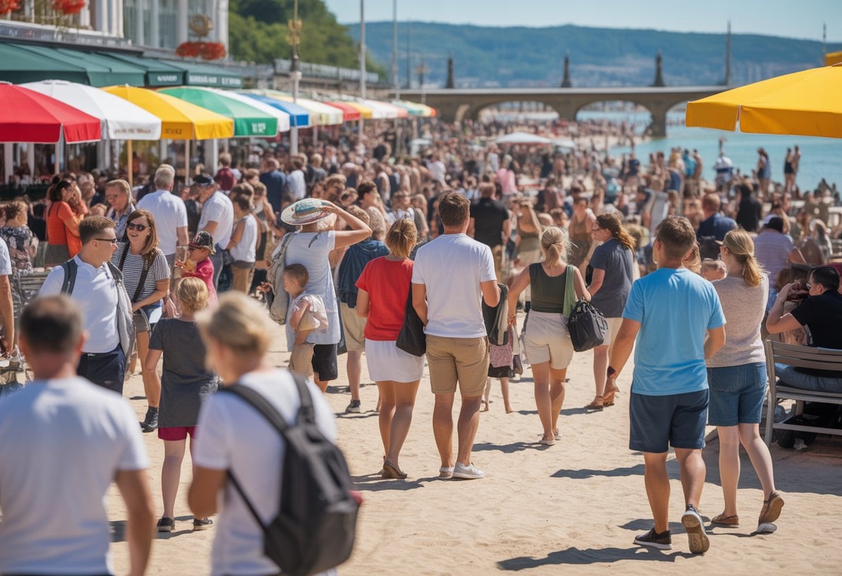 Ein belebter deutscher Urlaubsort mit vielen Menschen, die bei sonnigem Wetter am Strand oder in einem Stadtplatz ihre Freizeit genießen.