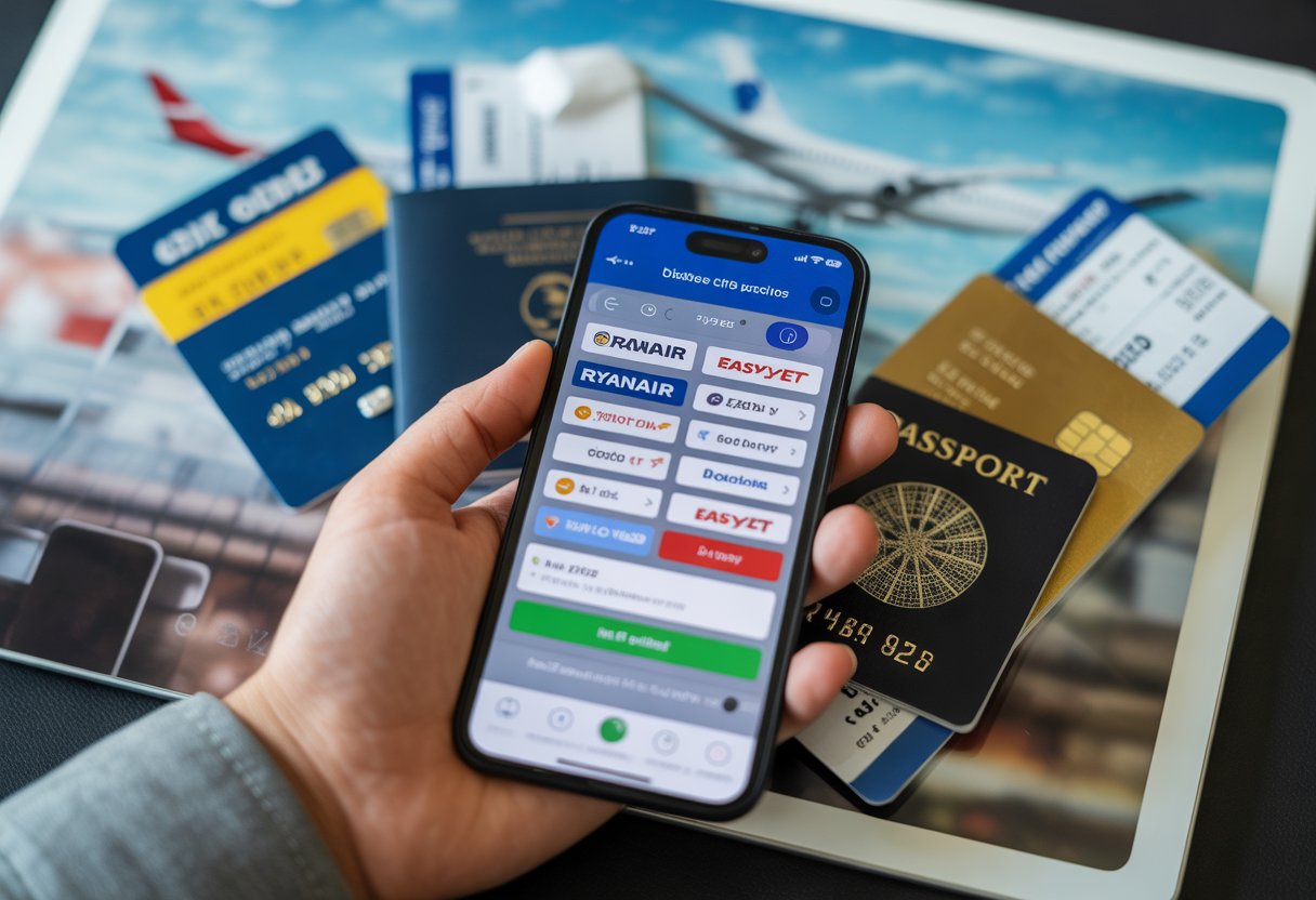 Nahaufnahme einer Hand, die ein Smartphone mit einer Flugbuchungs-App hält, umgeben von Reisedokumenten wie Bordkarten und Reisepass, im Hintergrund unscharf ein Flughafen oder Flugzeug.