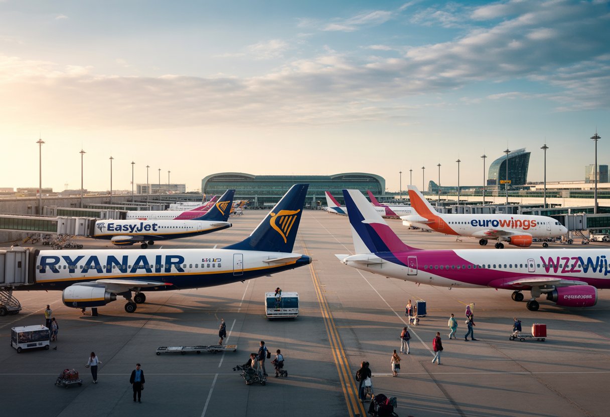 Mehrere Flugzeuge von Ryanair, EasyJet, Eurowings und Wizz Air stehen nebeneinander an einem belebten Flughafen mit Passagieren und Fahrzeugen auf dem Vorfeld.