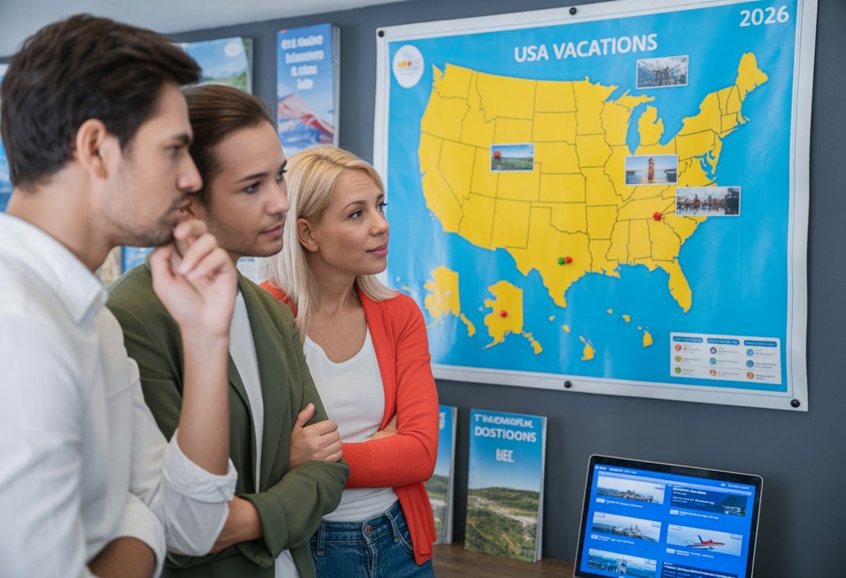 Eine Gruppe deutscher Reisender betrachtet nachdenklich eine große Karte der USA mit markierten Reisezielen in einem Reisebüro.