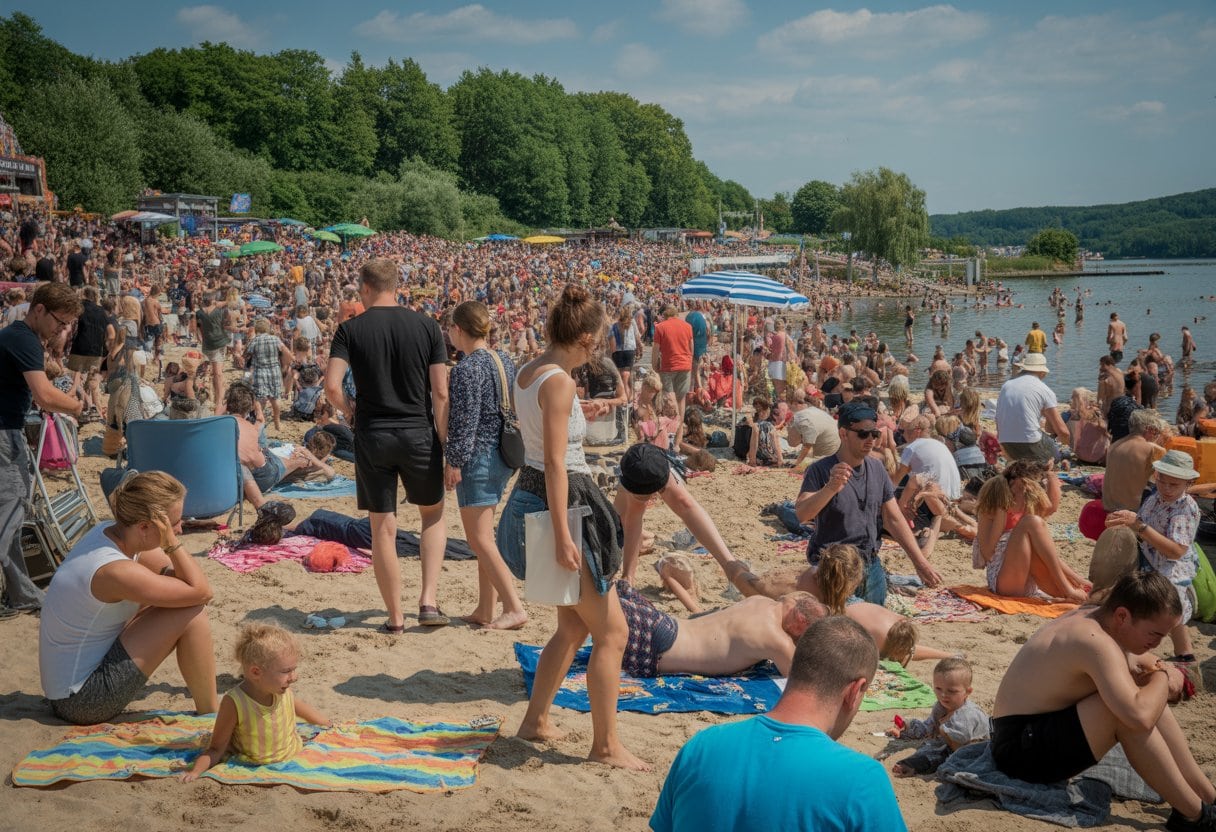 Ein überfüllter Sommerurlaubsort in Deutschland mit vielen Menschen am Strand und in der Sonne, umgeben von Bäumen und Wasser.