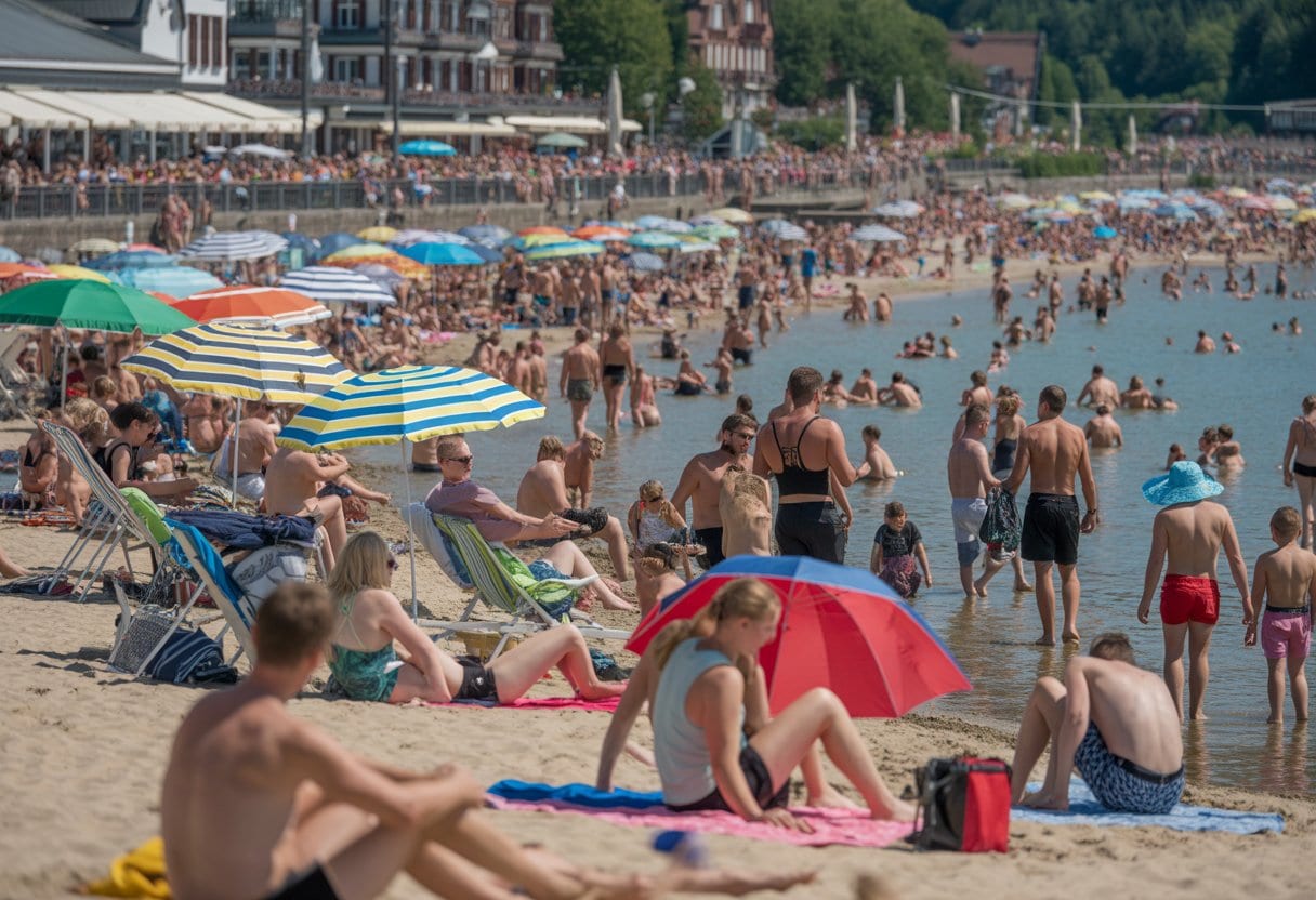 Ein überfüllter deutscher Sommerurlaubsort mit vielen Menschen am Strand und in der Sonne.