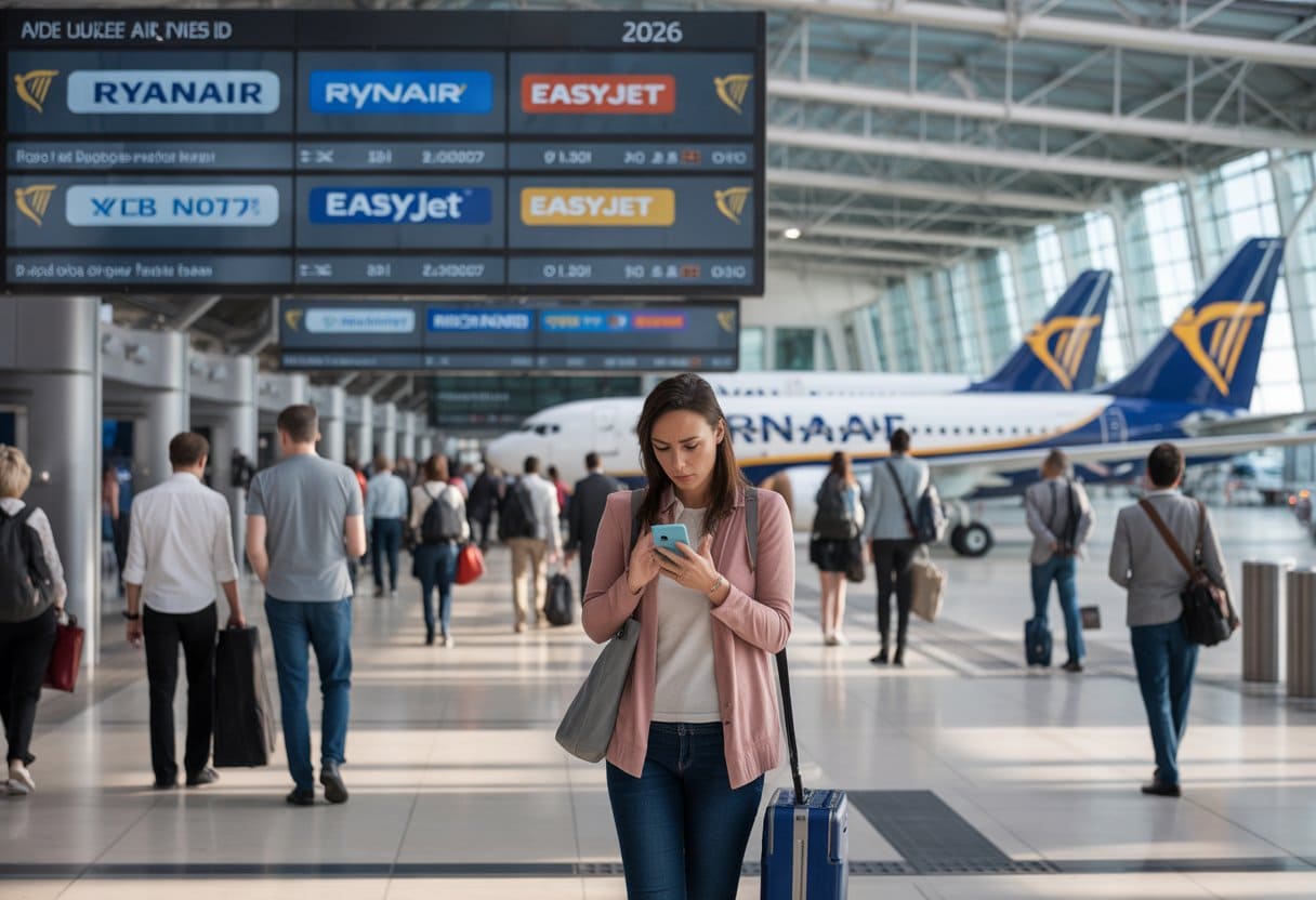 Passagiere in einem modernen Flughafen mit Flugzeugen von Billigairlines im Hintergrund und einem digitalen Flugplan im Terminal.