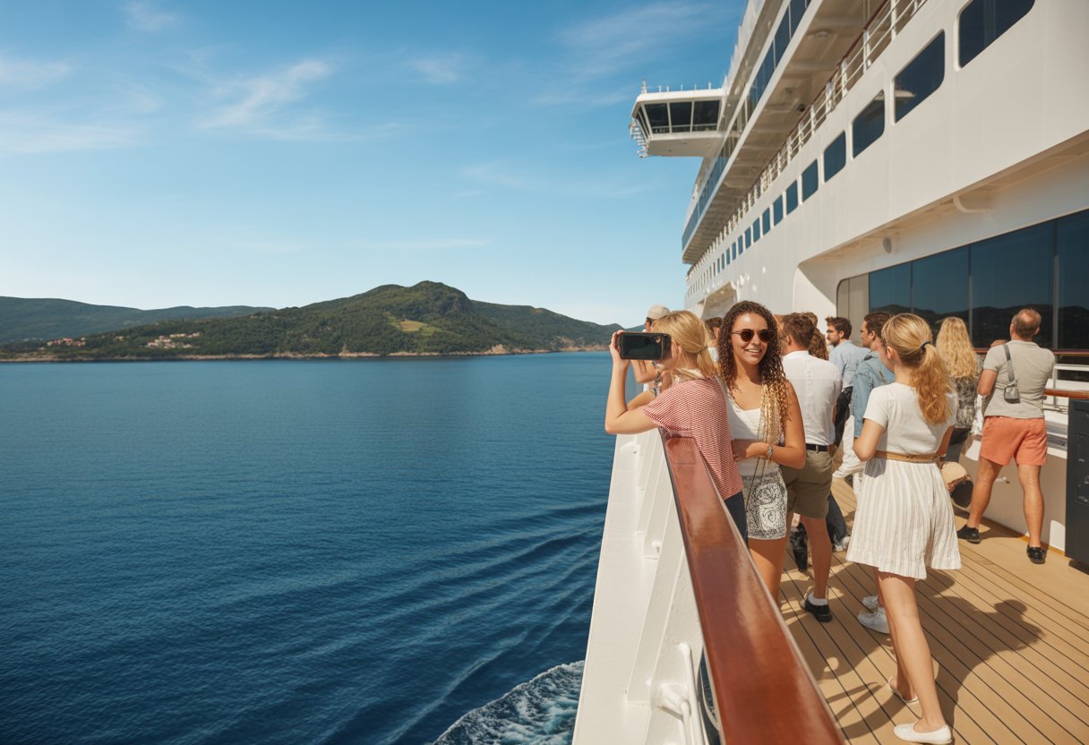 Ein modernes Kreuzfahrtschiff auf ruhigem Wasser mit Passagieren auf dem Deck und einer grünen Küstenlandschaft im Hintergrund.