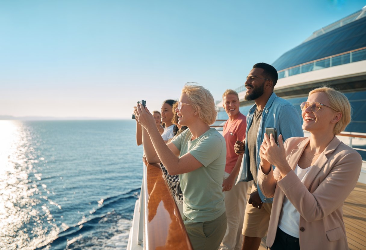 Reisende verschiedener Altersgruppen genießen auf dem Deck eines Kreuzfahrtschiffs die Aussicht auf das Meer bei klarem Himmel.