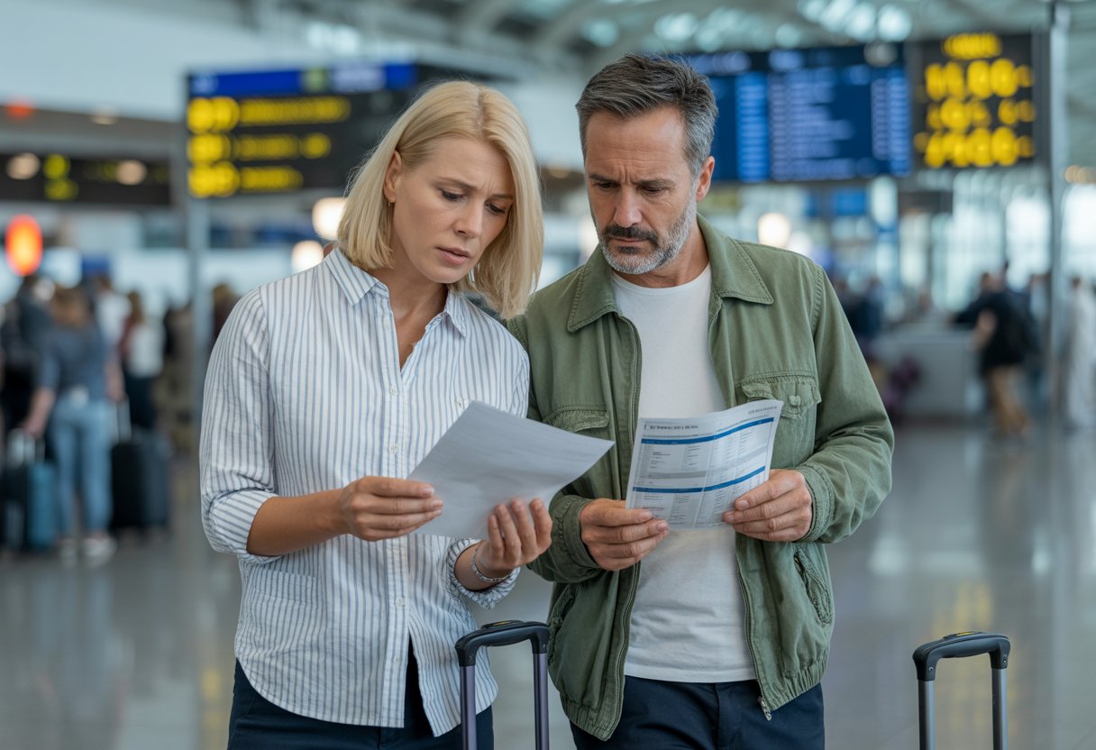 Ein deutsches Paar überprüft besorgt Reiseversicherungsunterlagen am Flughafen vor dem Urlaub.