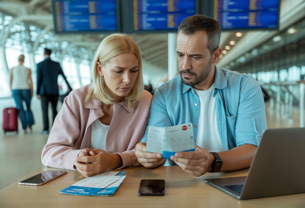 Ein deutsches Paar am Flughafen prüft besorgt Reisedokumente und Versicherungsunterlagen.
