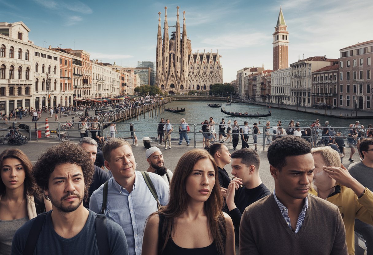 Menschen in einer europäischen Stadt mit Wahrzeichen von Barcelona, Amsterdam und Venedig, einige Touristen wirken zurückhaltend, umgeben von städtischer Szenerie und Wasserwegen.