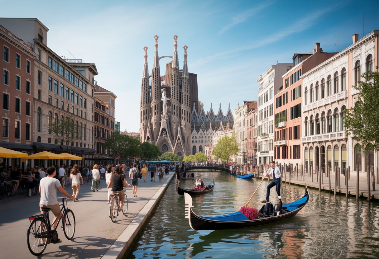 Eine lebhafte europäische Stadtszene mit typischen Gebäuden und Kanälen, die Barcelona, Amsterdam und Venedig symbolisieren, mit Menschen, die draußen unterwegs sind.