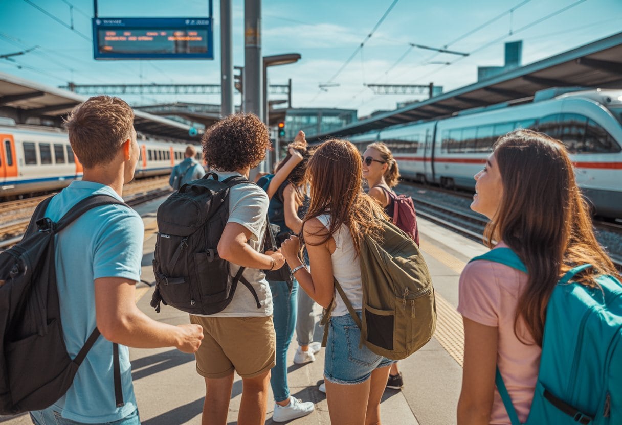 Junge Reisende mit Rucksäcken warten auf einem belebten Bahnsteig bei sonnigem Wetter, im Hintergrund moderne Züge und ein klarer blauer Himmel.