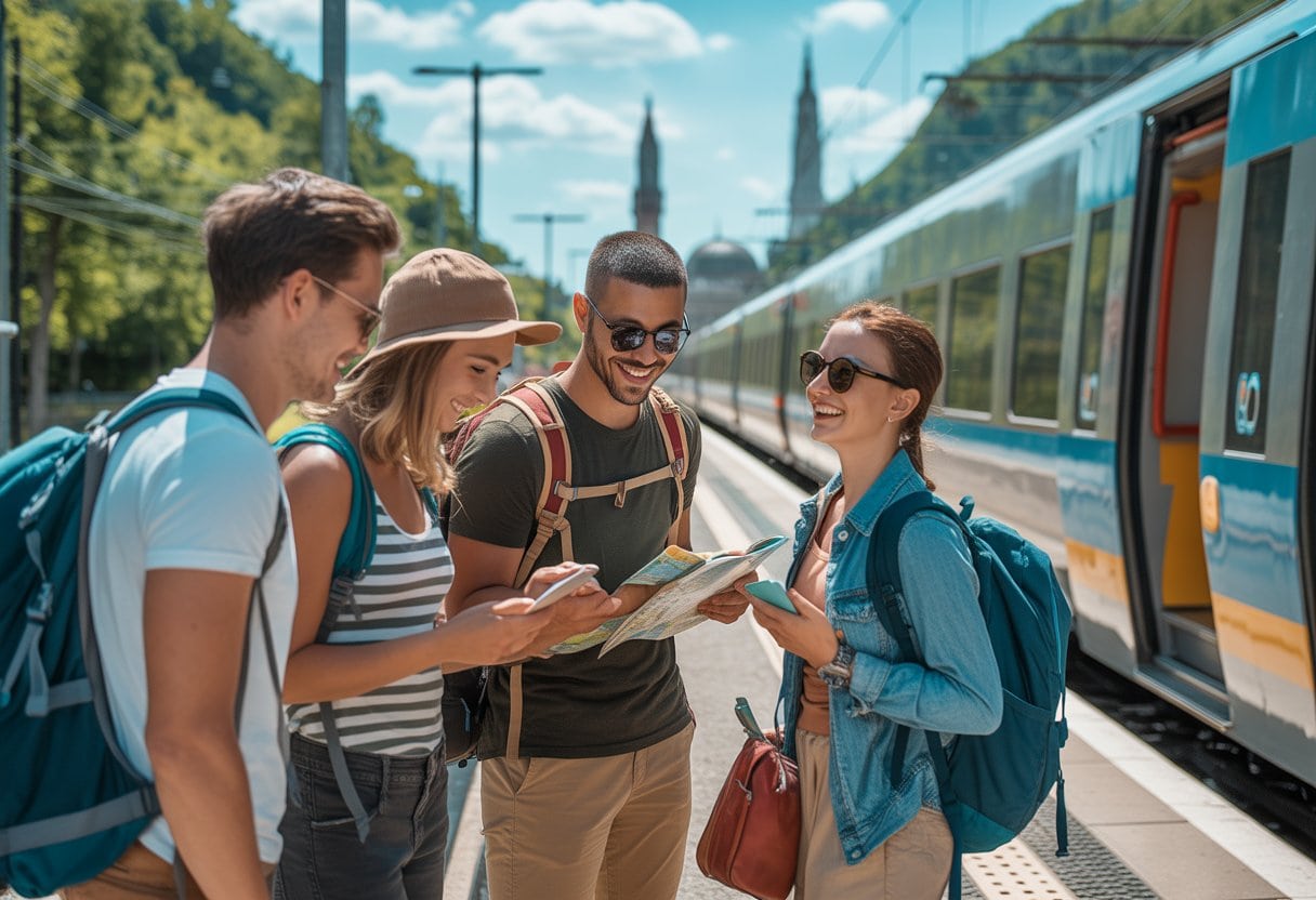 Junge Reisende mit Rucksäcken an einem Bahnsteig neben einem Zug an einem sonnigen Tag.