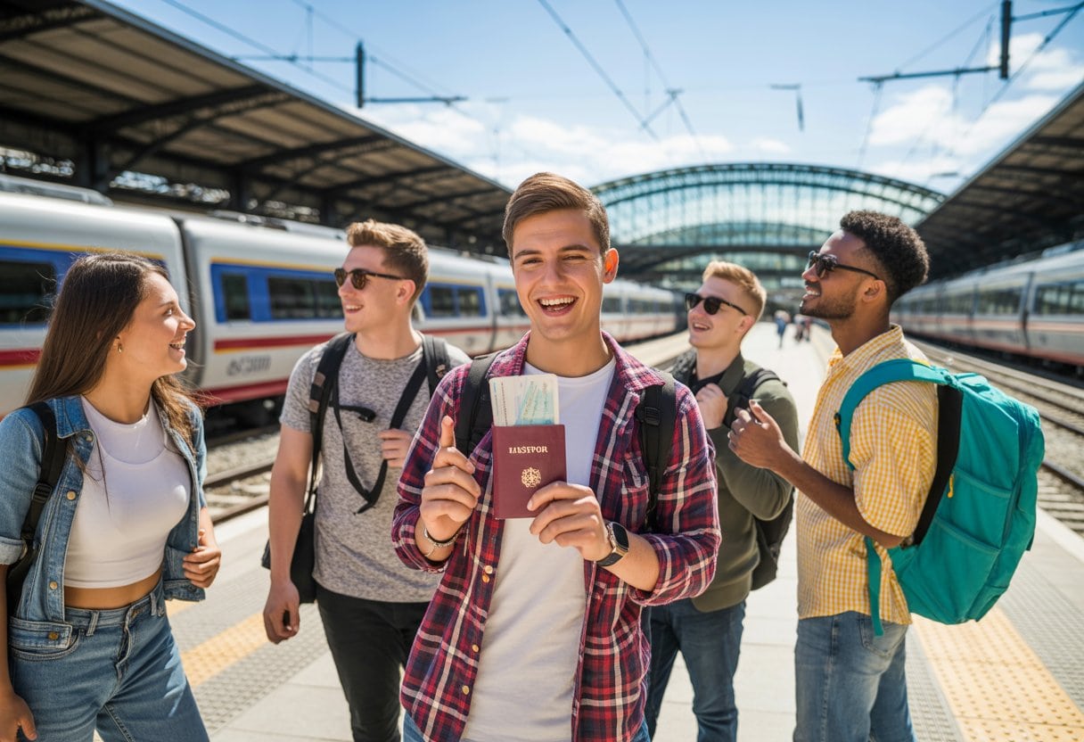 Junge Menschen an einem sonnigen Bahnhof mit Reisepass und Rucksäcken, bereit für eine Zugreise in Europa.