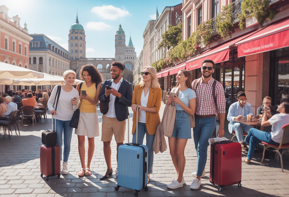 Reisende an einem belebten europäischen Reiseziel mit historischen Gebäuden und Straßencafés an einem sonnigen Tag.