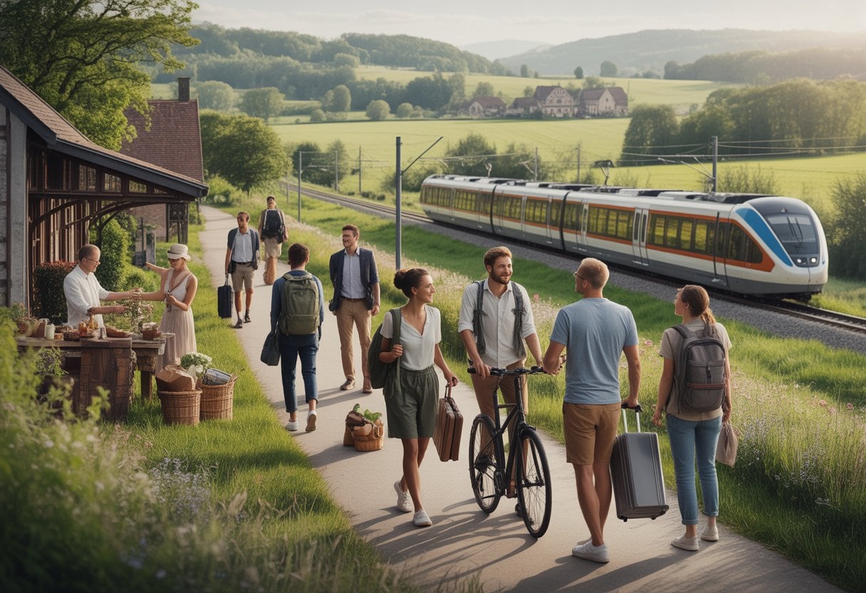 Reisende erkunden zu Fuß und mit Fahrrädern eine grüne ländliche Region und begegnen dabei Einheimischen.