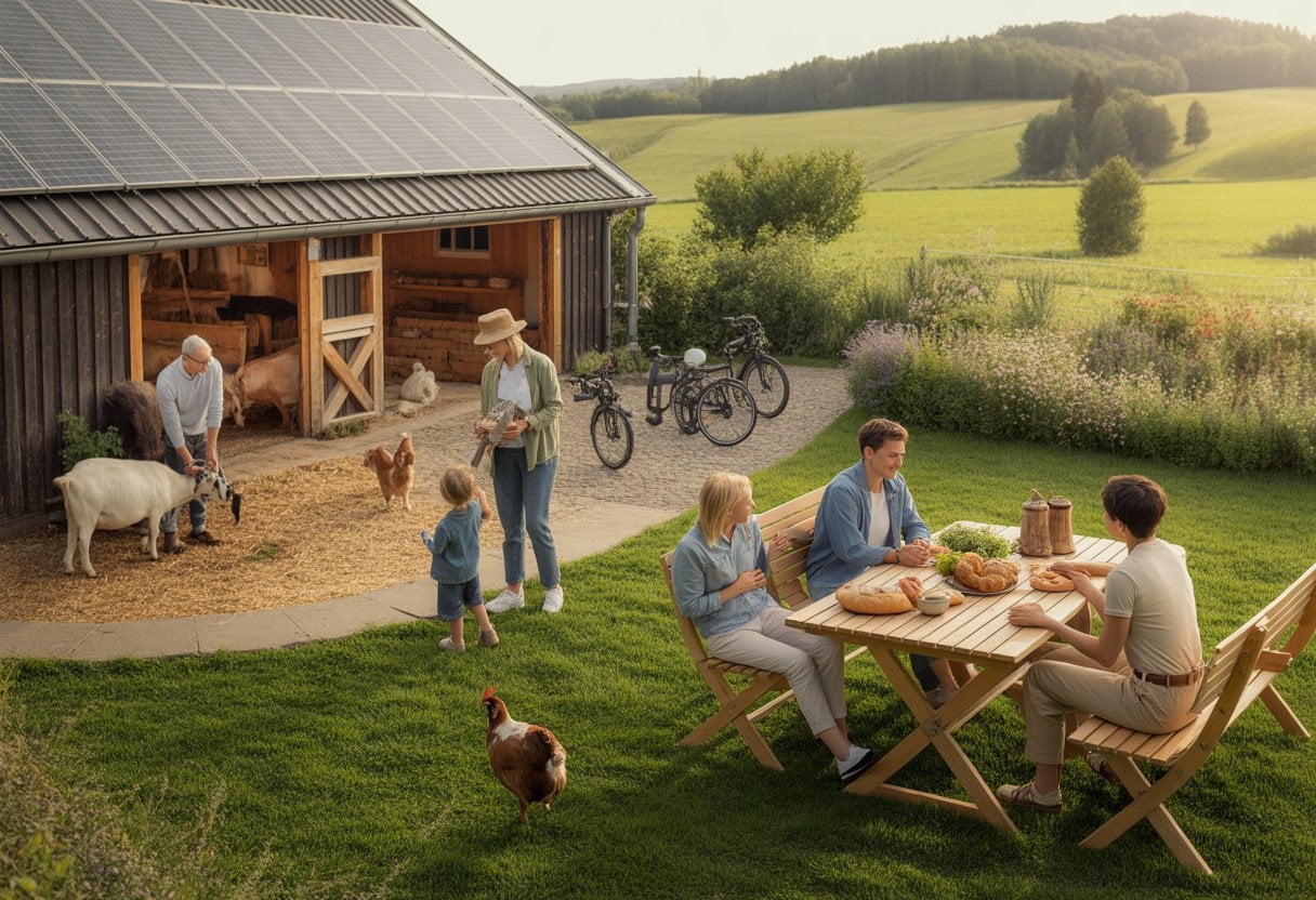Gäste genießen gemeinsam einen ruhigen Urlaub auf einem modernen Bauernhof in grüner Landschaft.