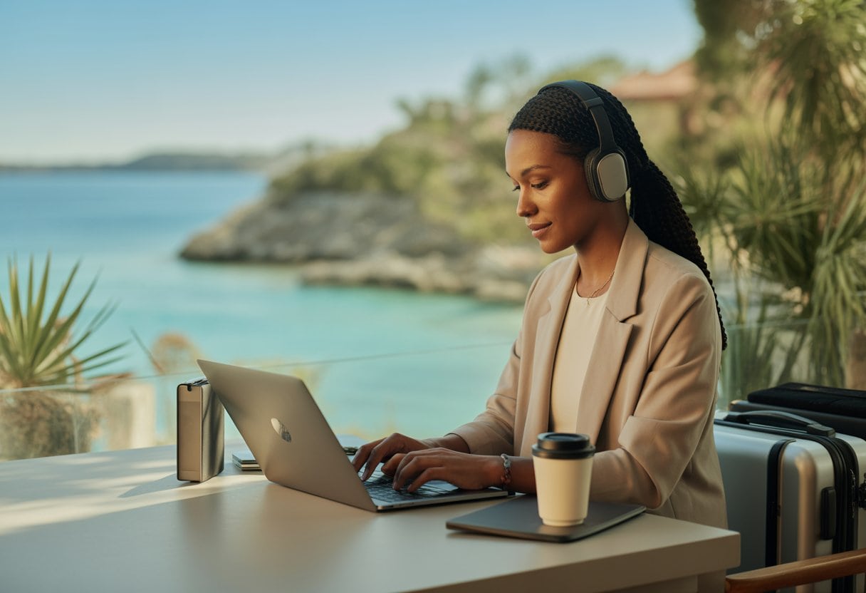 Eine Person arbeitet mit einem Laptop auf einer Terrasse mit Blick auf eine tropische Küstenlandschaft.