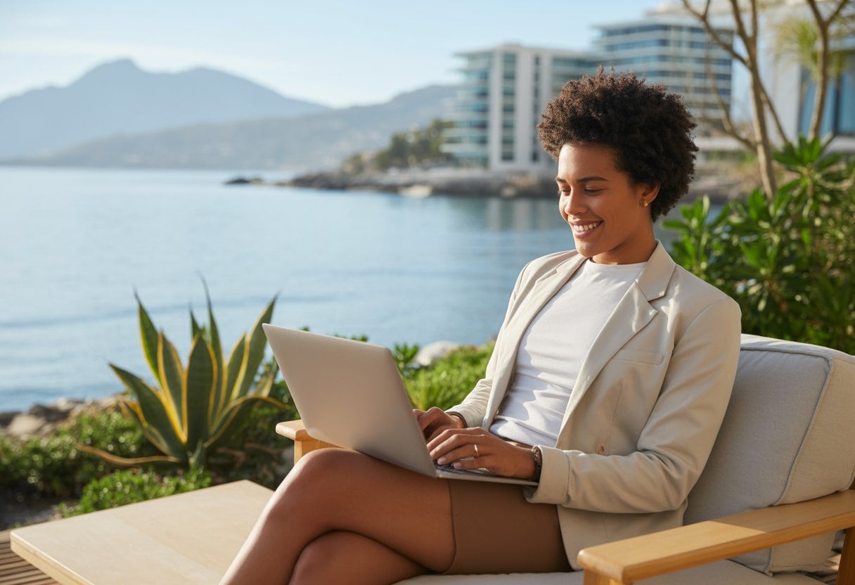 Eine Person arbeitet mit einem Laptop auf einer sonnigen Terrasse mit Blick auf das Meer und Berge.